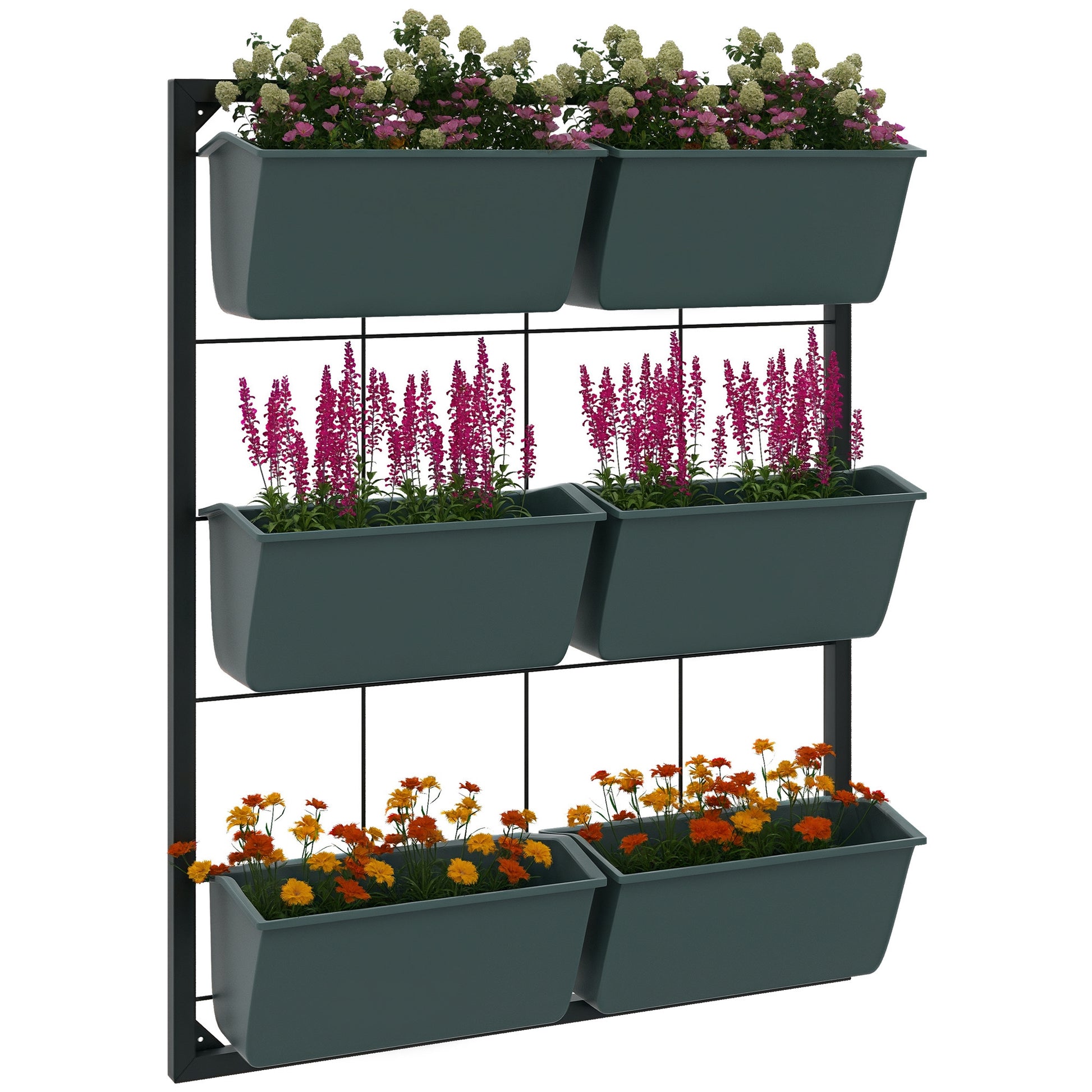 Vertical Outdoor Planter with 3 Levels, 6 Plastic Outdoor Plant Pots with Drainage Holes, Hanging Planters for Flowers and Herbs, 52x14x66 cm, Dark Green