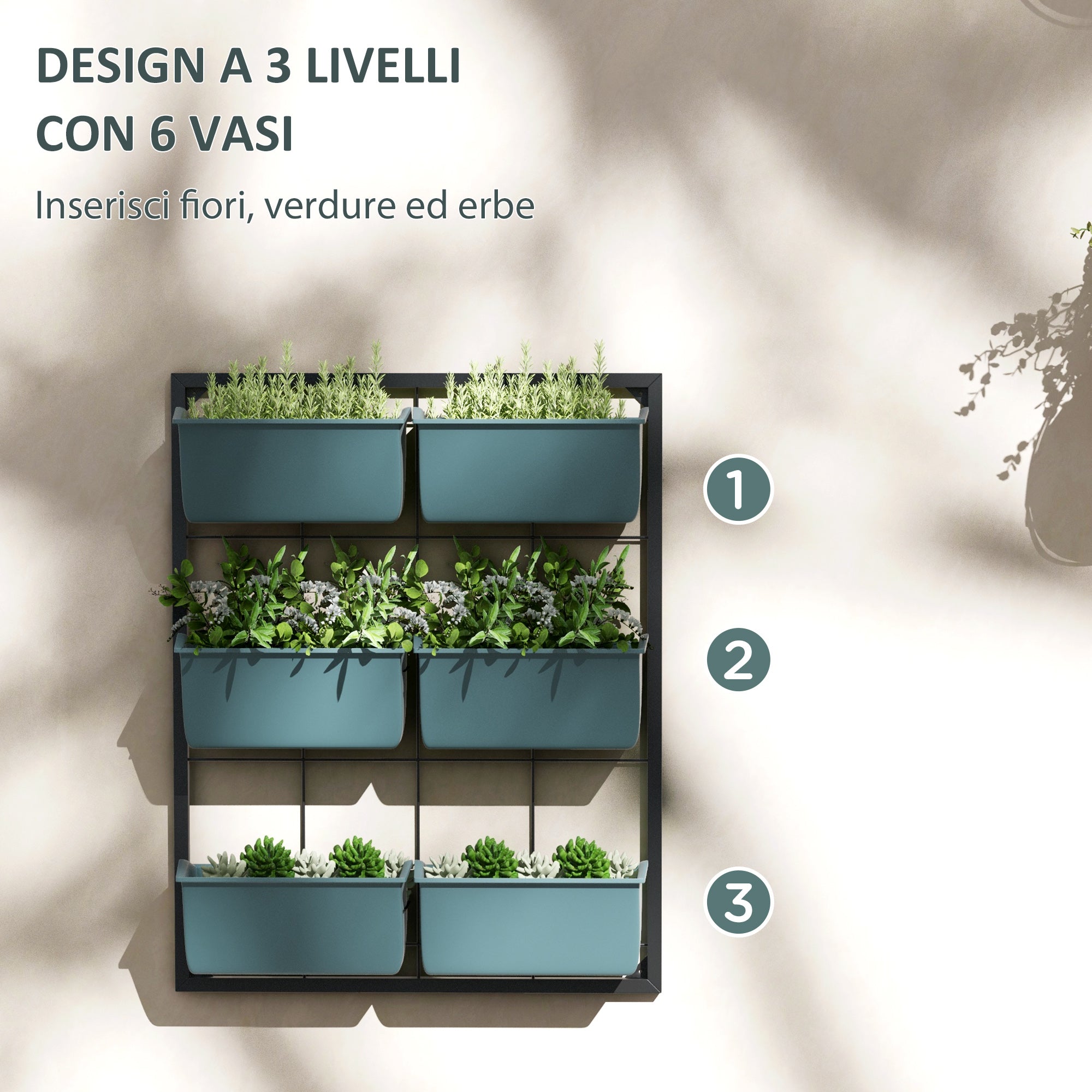 Vertical Outdoor Planter with 3 Levels, 6 Plastic Outdoor Plant Pots with Drainage Holes, Hanging Planters for Flowers and Herbs, 52x14x66 cm, Dark Green