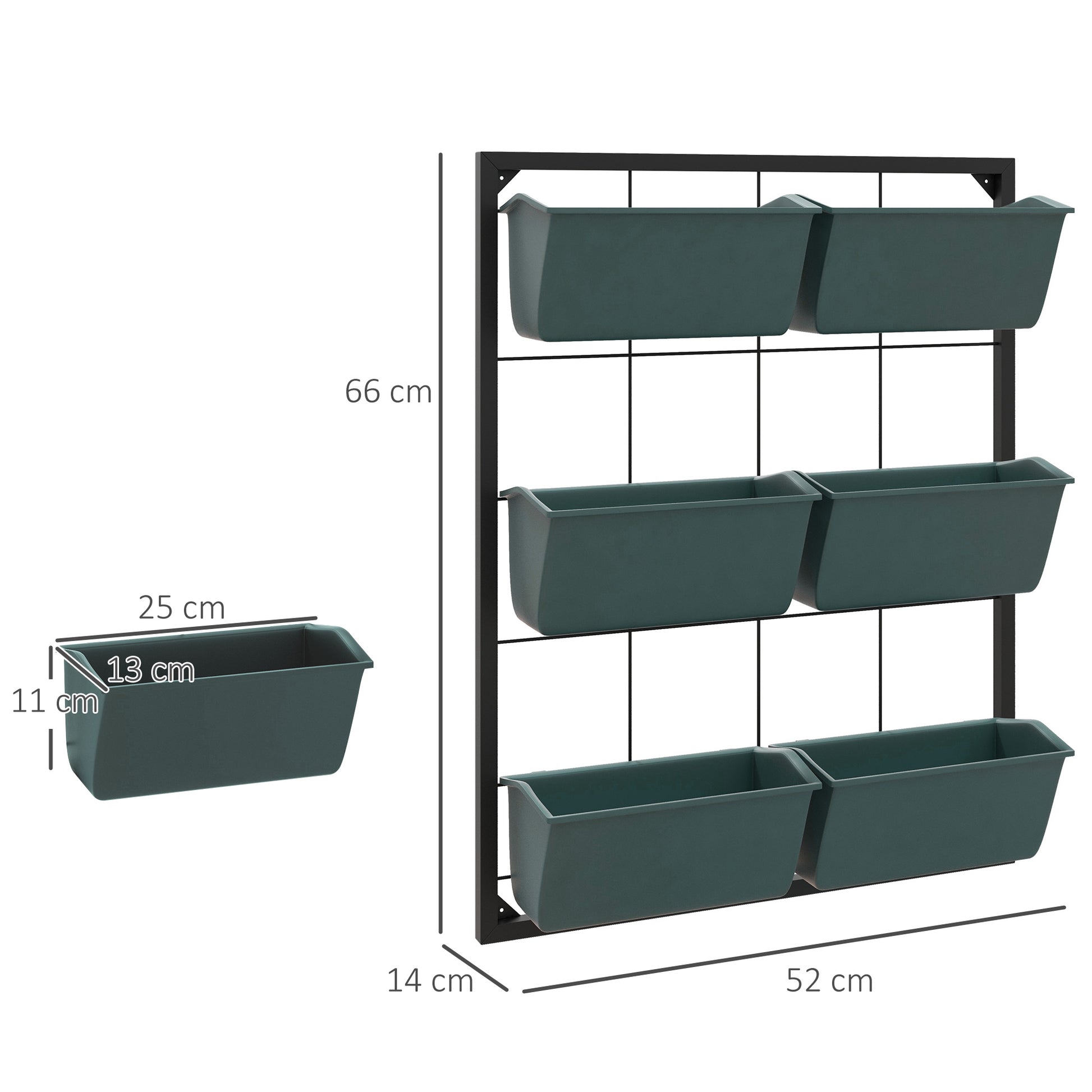 Vertical Outdoor Planter with 3 Levels, 6 Plastic Outdoor Plant Pots with Drainage Holes, Hanging Planters for Flowers and Herbs, 52x14x66 cm, Dark Green