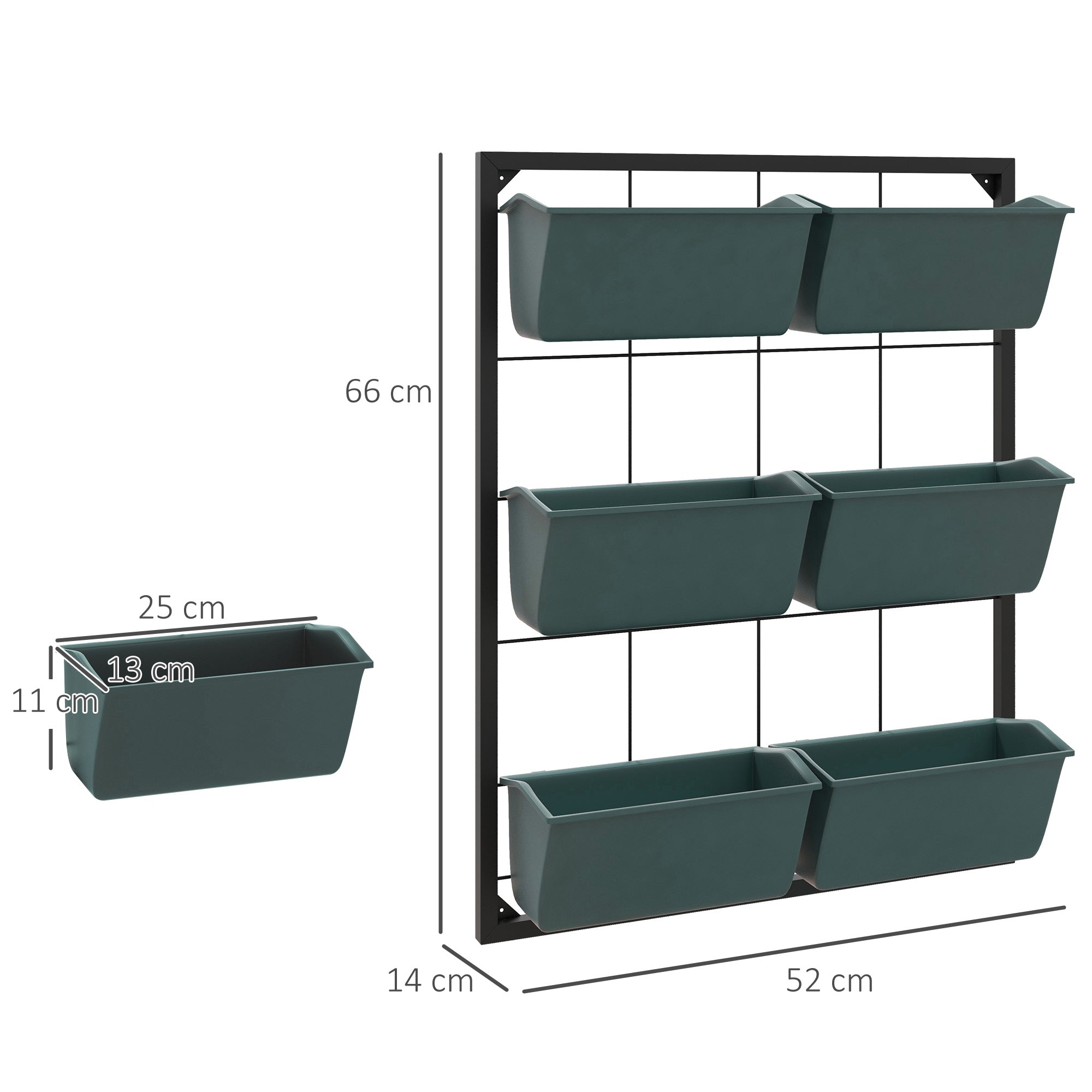 Vertical Outdoor Planter with 3 Levels, 6 Plastic Outdoor Plant Pots with Drainage Holes, Hanging Planters for Flowers and Herbs, 52x14x66 cm, Dark Green