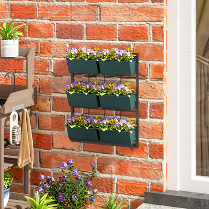 Vertical Outdoor Planter with 3 Levels, 6 Plastic Outdoor Plant Pots with Drainage Holes, Hanging Planters for Flowers and Herbs, 52x14x66 cm, Dark Green