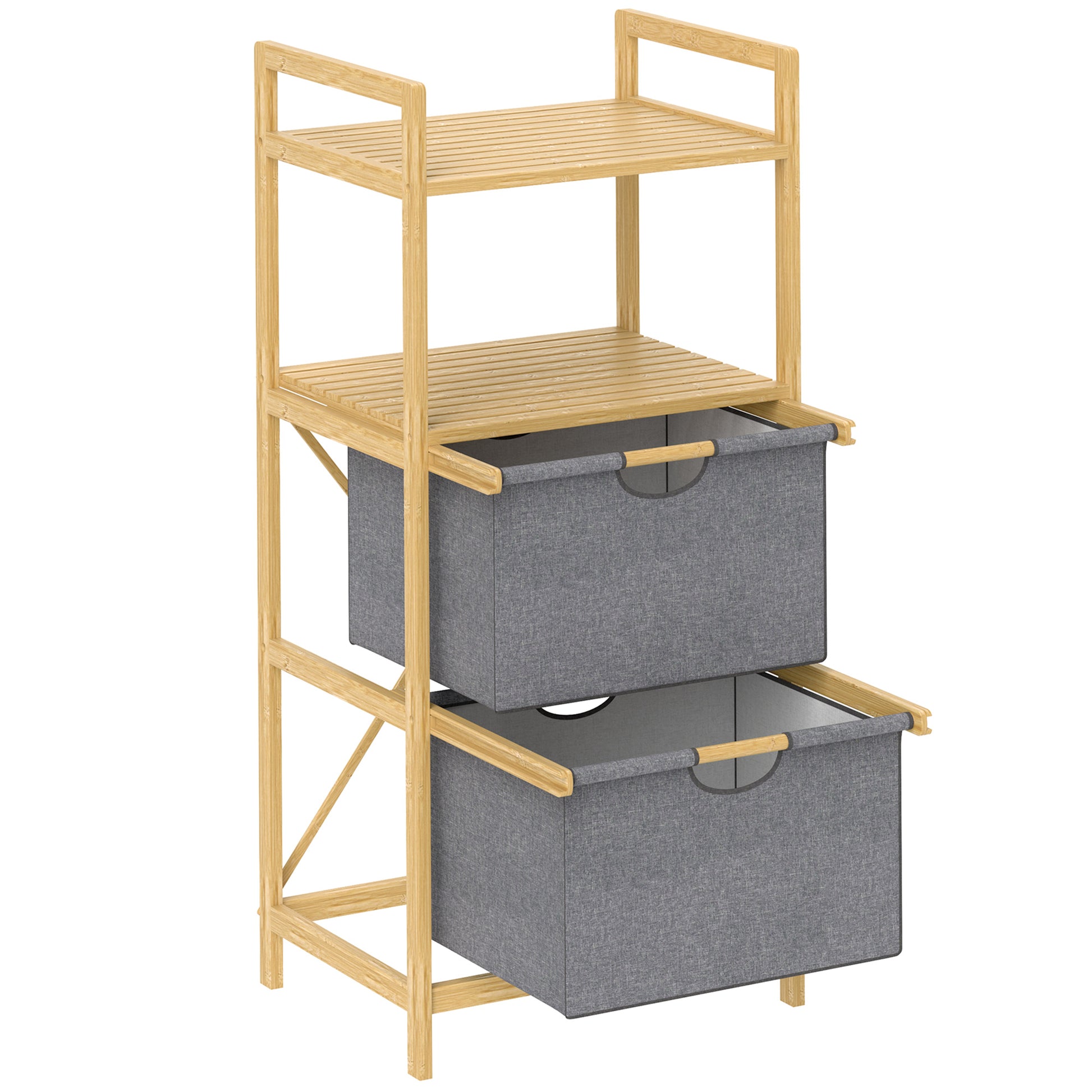 Laundry Basket 35.4 L Hamper with 2 Fabric Baskets, Open Shelves, Laundry Box with Handle, for Bathroom, Bamboo, Natural