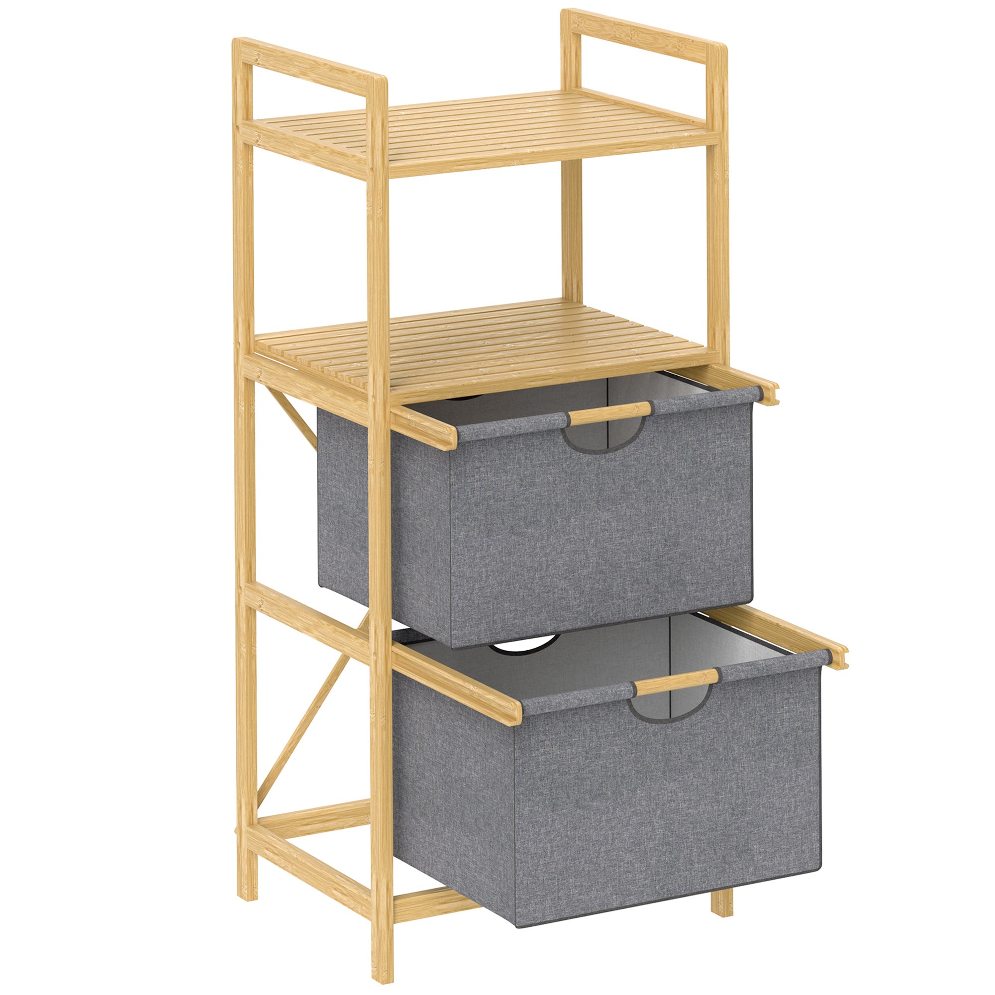Laundry Basket 35.4 L Hamper with 2 Fabric Baskets, Open Shelves, Laundry Box with Handle, for Bathroom, Bamboo, Natural