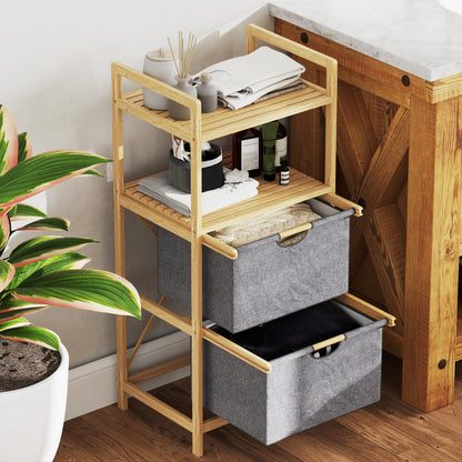Laundry Basket 35.4 L Hamper with 2 Fabric Baskets, Open Shelves, Laundry Box with Handle, for Bathroom, Bamboo, Natural