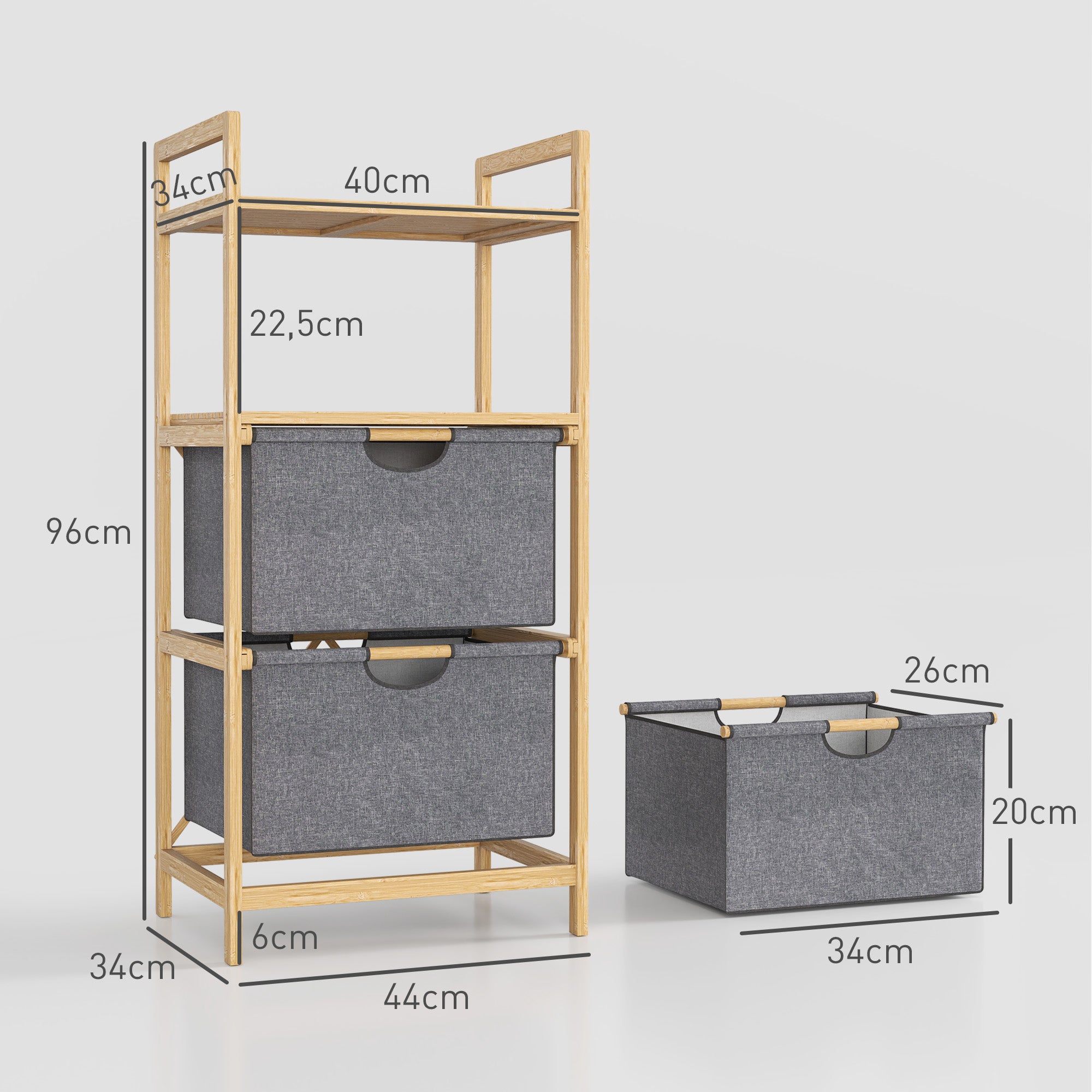 Laundry Basket 35.4 L Hamper with 2 Fabric Baskets, Open Shelves, Laundry Box with Handle, for Bathroom, Bamboo, Natural