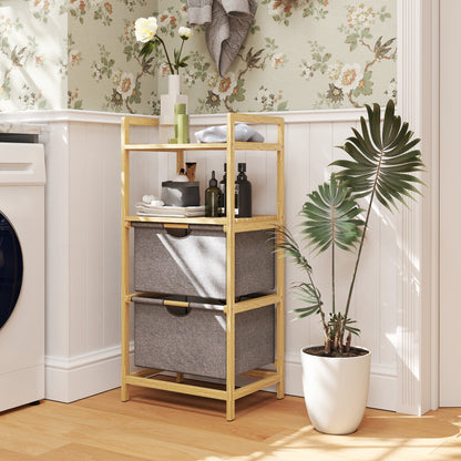Laundry Basket 35.4 L Hamper with 2 Fabric Baskets, Open Shelves, Laundry Box with Handle, for Bathroom, Bamboo, Natural