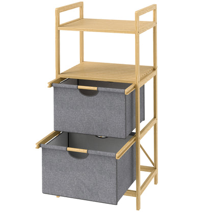 Laundry Basket 35.4 L Hamper with 2 Fabric Baskets, Open Shelves, Laundry Box with Handle, for Bathroom, Bamboo, Natural