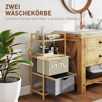 Laundry Basket 35.4 L Hamper with 2 Fabric Baskets, Open Shelves, Laundry Box with Handle, for Bathroom, Bamboo, Natural