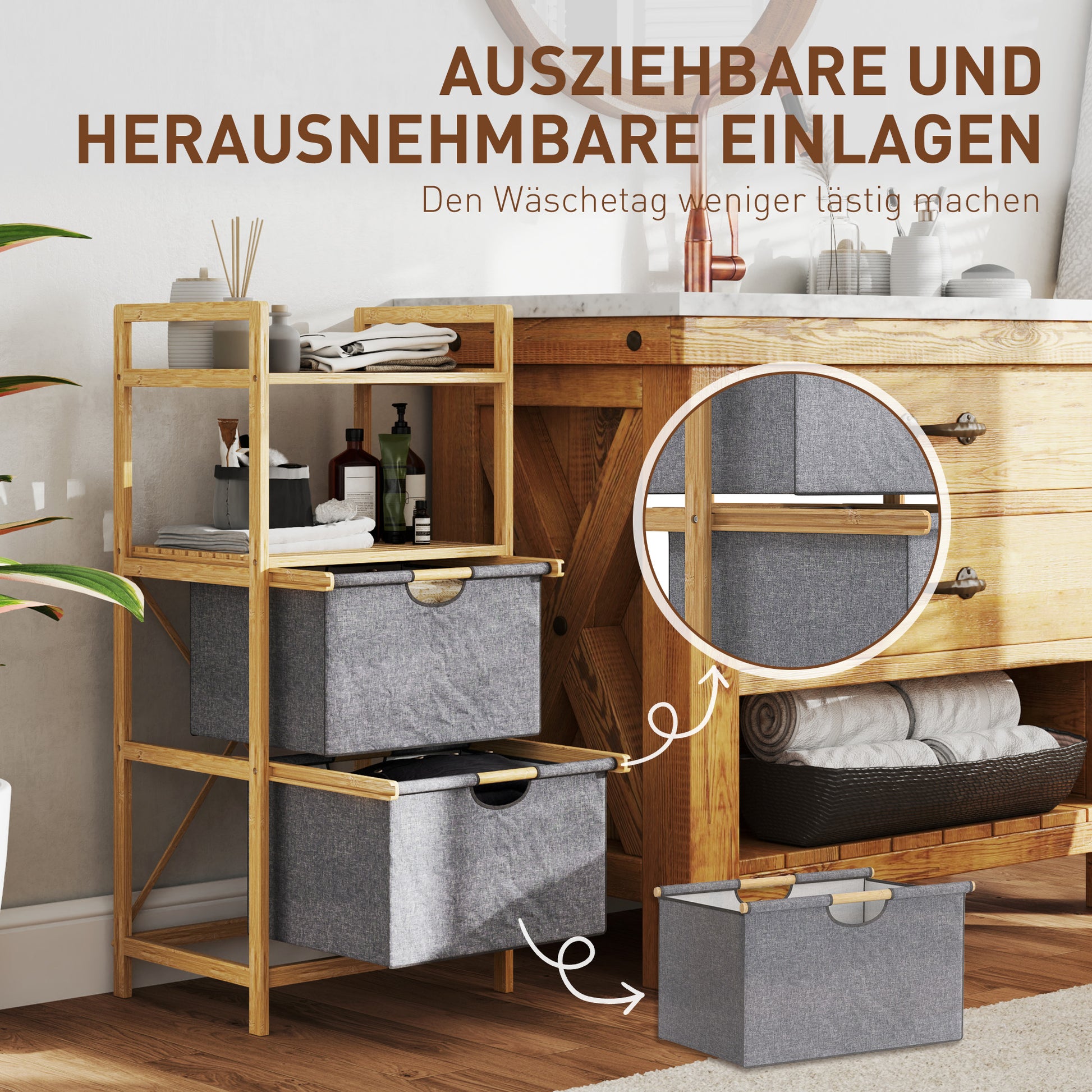 Laundry Basket 35.4 L Hamper with 2 Fabric Baskets, Open Shelves, Laundry Box with Handle, for Bathroom, Bamboo, Natural