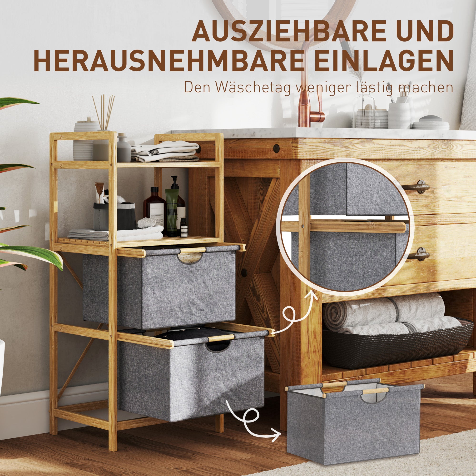 Laundry Basket 35.4 L Hamper with 2 Fabric Baskets, Open Shelves, Laundry Box with Handle, for Bathroom, Bamboo, Natural
