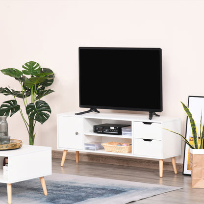 TV Stand for 50" TVs Modern Living Room Table with 2 Open Shelves and 2 Drawers Load 30 kg for Bedroom Room 120x28x44 cm White