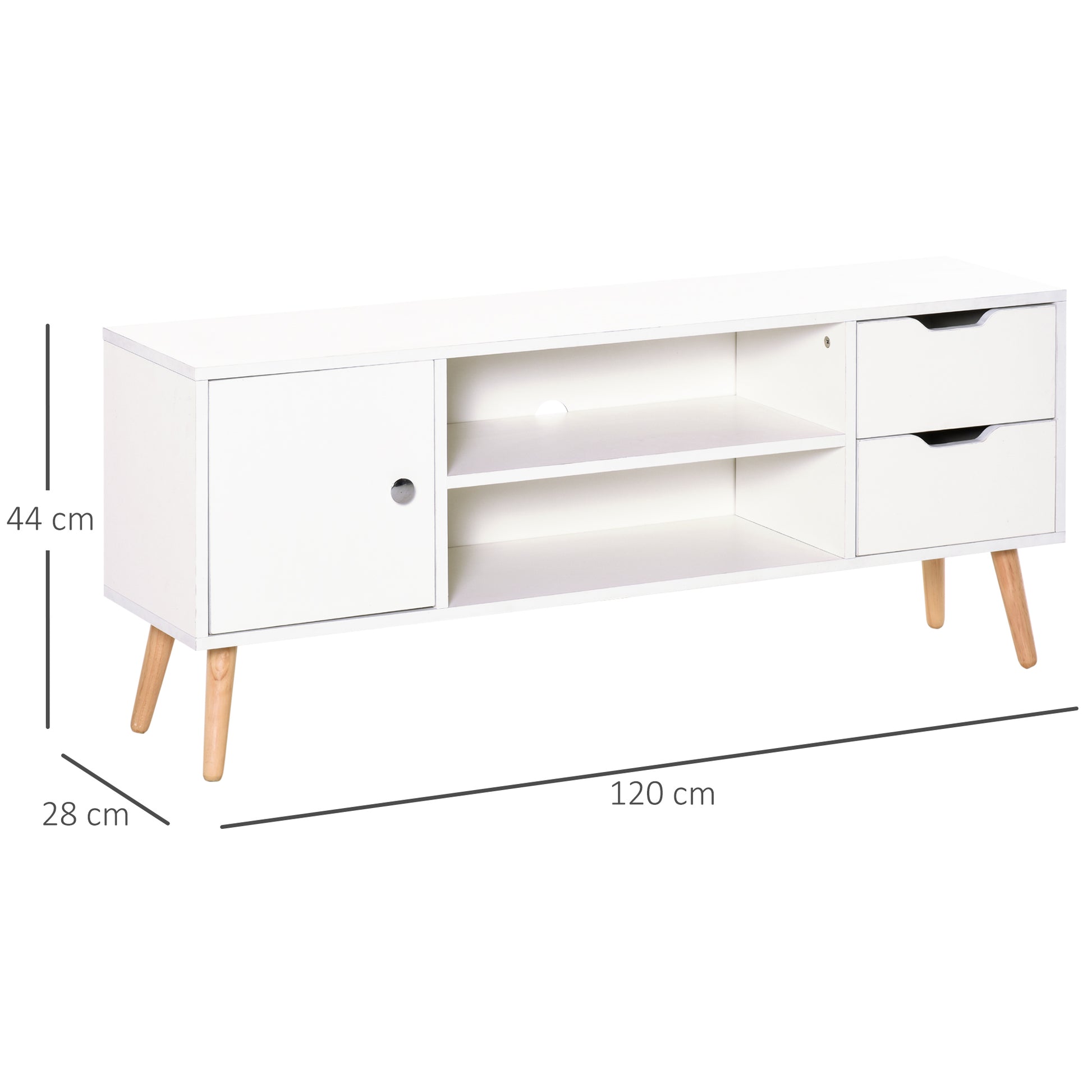 TV Stand for 50" TVs Modern Living Room Table with 2 Open Shelves and 2 Drawers Load 30 kg for Bedroom Room 120x28x44 cm White