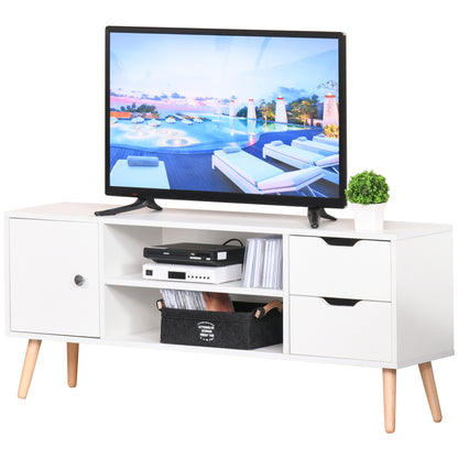 TV Stand for 50" TVs Modern Living Room Table with 2 Open Shelves and 2 Drawers Load 30 kg for Bedroom Room 120x28x44 cm White