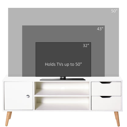 TV Stand for 50" TVs Modern Living Room Table with 2 Open Shelves and 2 Drawers Load 30 kg for Bedroom Room 120x28x44 cm White