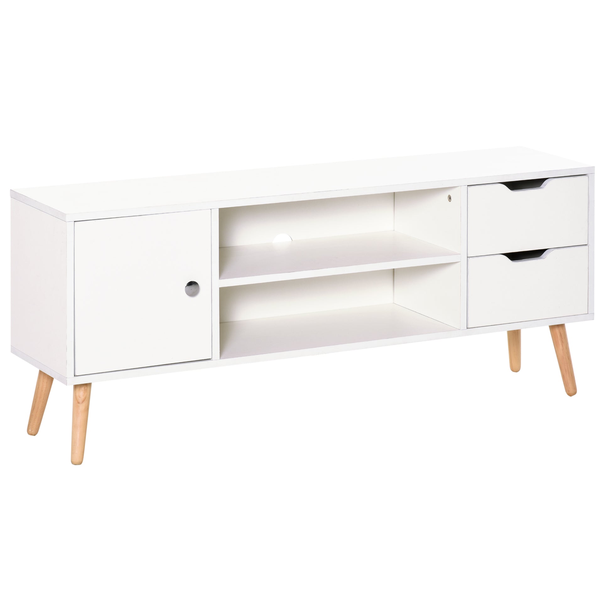 TV Stand for 50" TVs Modern Living Room Table with 2 Open Shelves and 2 Drawers Load 30 kg for Bedroom Room 120x28x44 cm White