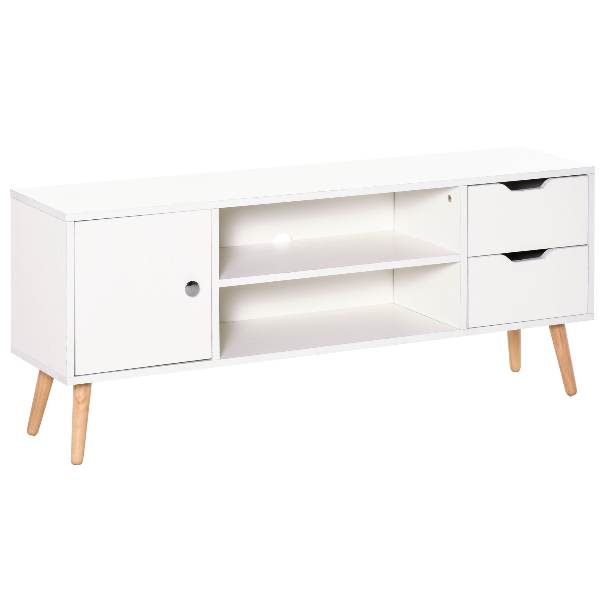 TV Stand for 50" TVs Modern Living Room Table with 2 Open Shelves and 2 Drawers Load 30 kg for Bedroom Room 120x28x44 cm White