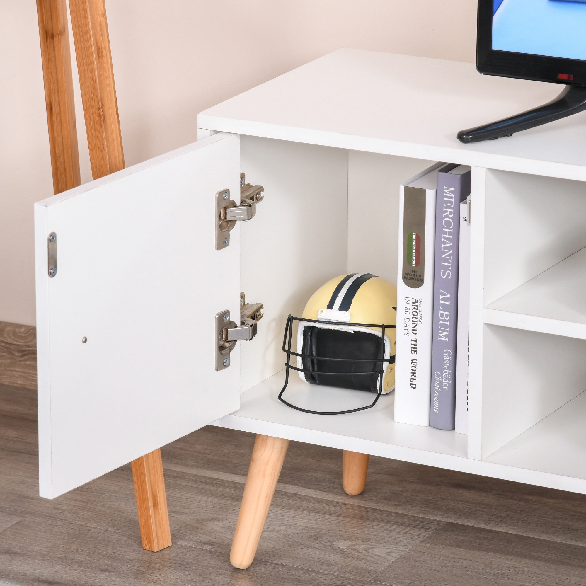TV Stand for 50" TVs Modern Living Room Table with 2 Open Shelves and 2 Drawers Load 30 kg for Bedroom Room 120x28x44 cm White