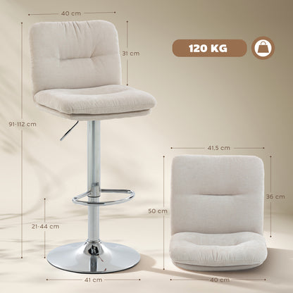 Set of 2 Swivel Bar Stools, Tall Counter Stools with Linen-Look Upholstery, Adjustable 25.2–33.9 in, Backrest, Footrest, Padded Seat & Steel Base, Beige