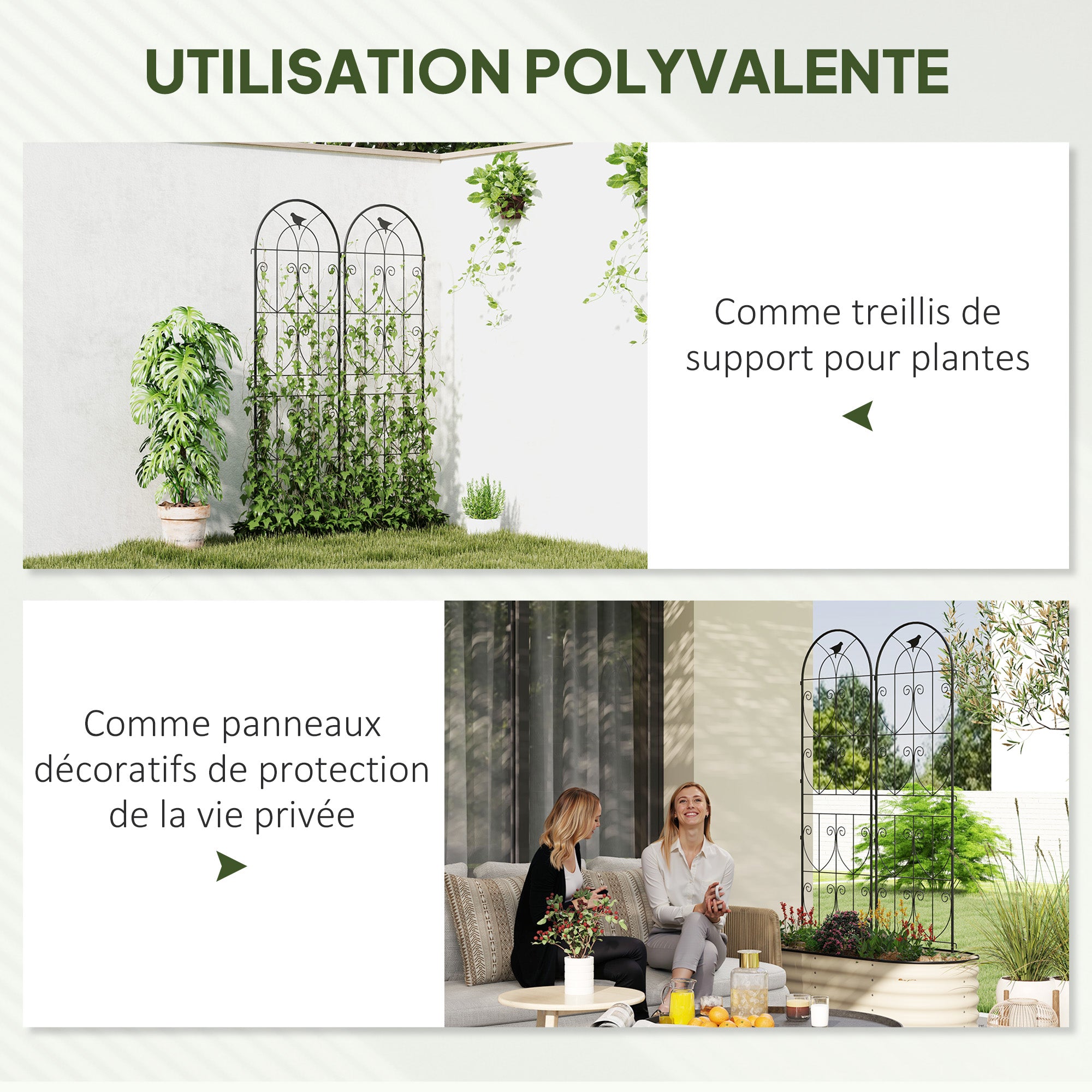 Plant Support with Birds, 2-Pack, Garden Trellis for Vegetables, Vines, Flowers, Made of Metal, 50 x 180 cm, Black