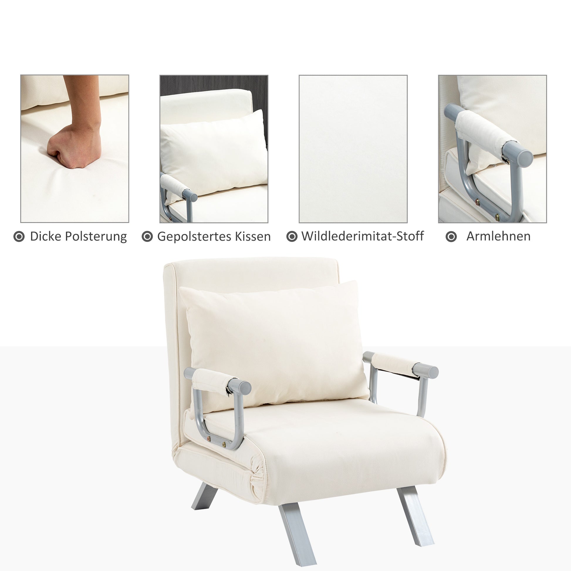 Sleep Sofa Bed with Adjustable Backrest, Throw Pillows, Sofa Bed, Velvet Look, Armrest, Guest Bed, Folding Chair for Living Room, Bedroom, Cream White