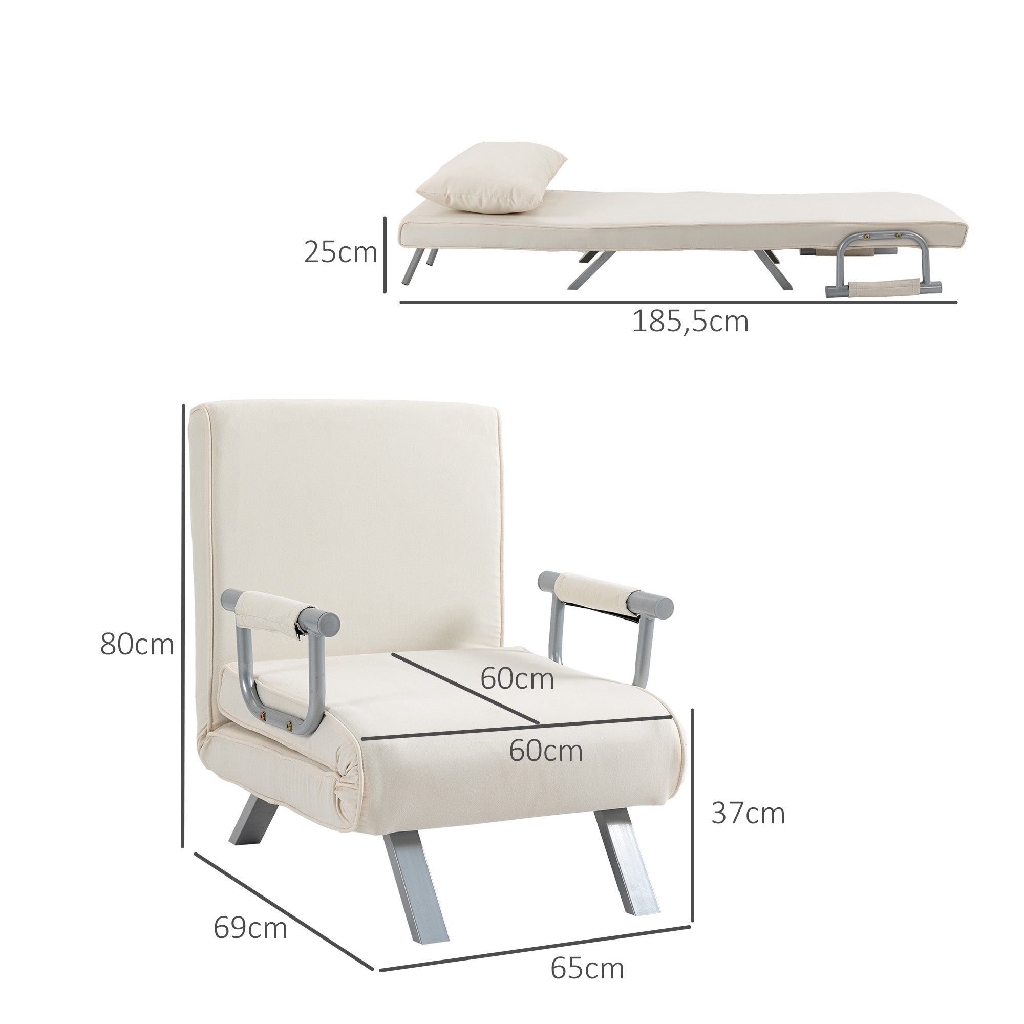 Sleep Sofa Bed with Adjustable Backrest, Throw Pillows, Sofa Bed, Velvet Look, Armrest, Guest Bed, Folding Chair for Living Room, Bedroom, Cream White