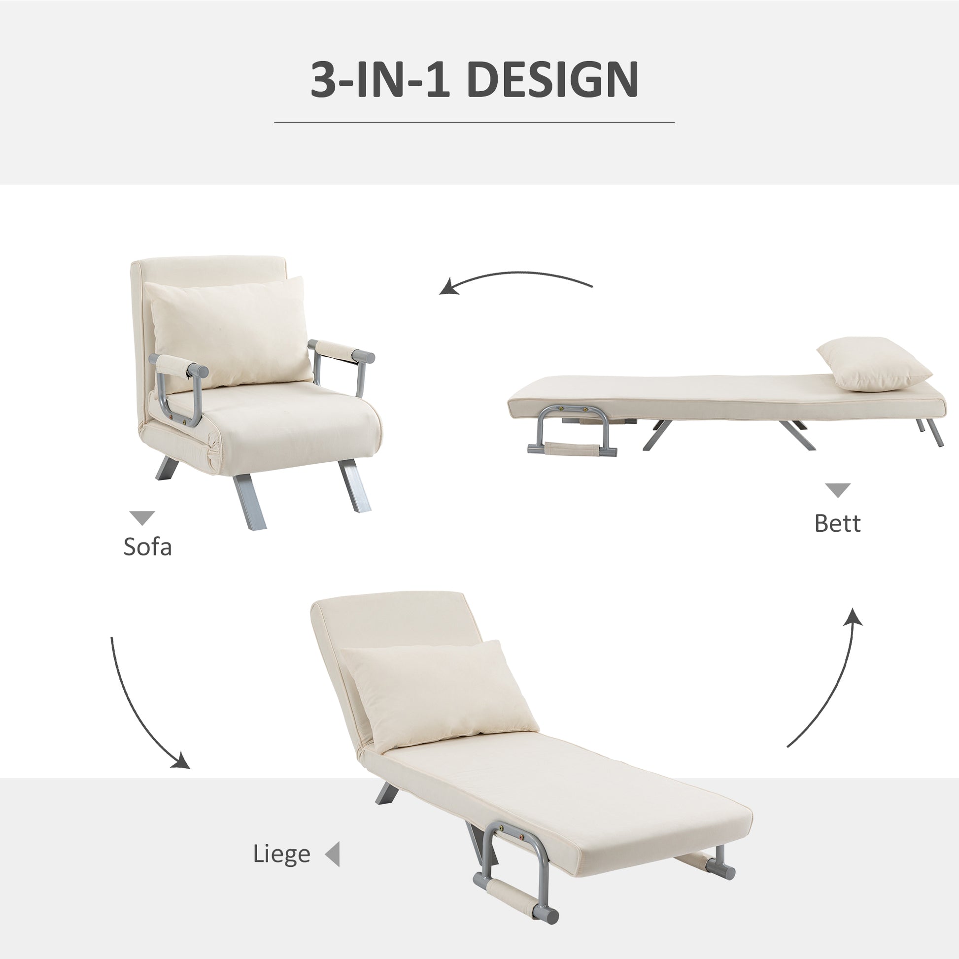 Sleep Sofa Bed with Adjustable Backrest, Throw Pillows, Sofa Bed, Velvet Look, Armrest, Guest Bed, Folding Chair for Living Room, Bedroom, Cream White