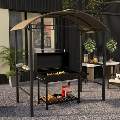 1.1 x 2.3m BBQ Grill Gazebo with Hooks, Grill Canopy Weatherproof Garden Gazebo with Polyester Roof, 2 Side Shelves, for Grills up to 100 cm, Steel, Khaki