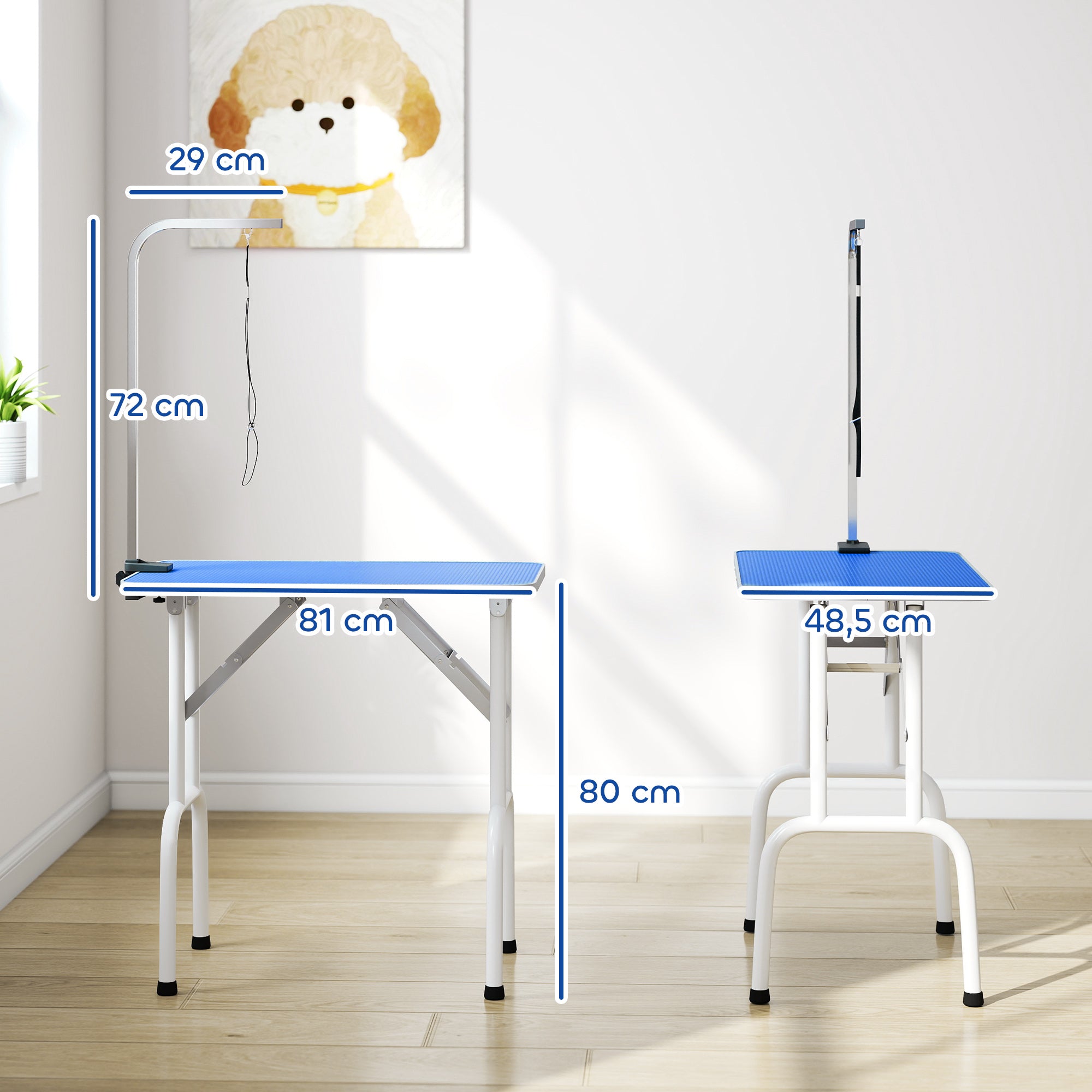 Folding Dog Grooming Table, Non-Slip Top, Adjustable Stainless Steel Arm, for Small & Medium Dogs, 32 x 19 x 31.5 in, Blue