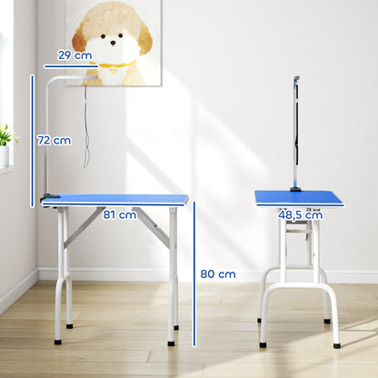 Folding Dog Grooming Table, Non-Slip Top, Adjustable Stainless Steel Arm, for Small & Medium Dogs, 32 x 19 x 31.5 in, Blue