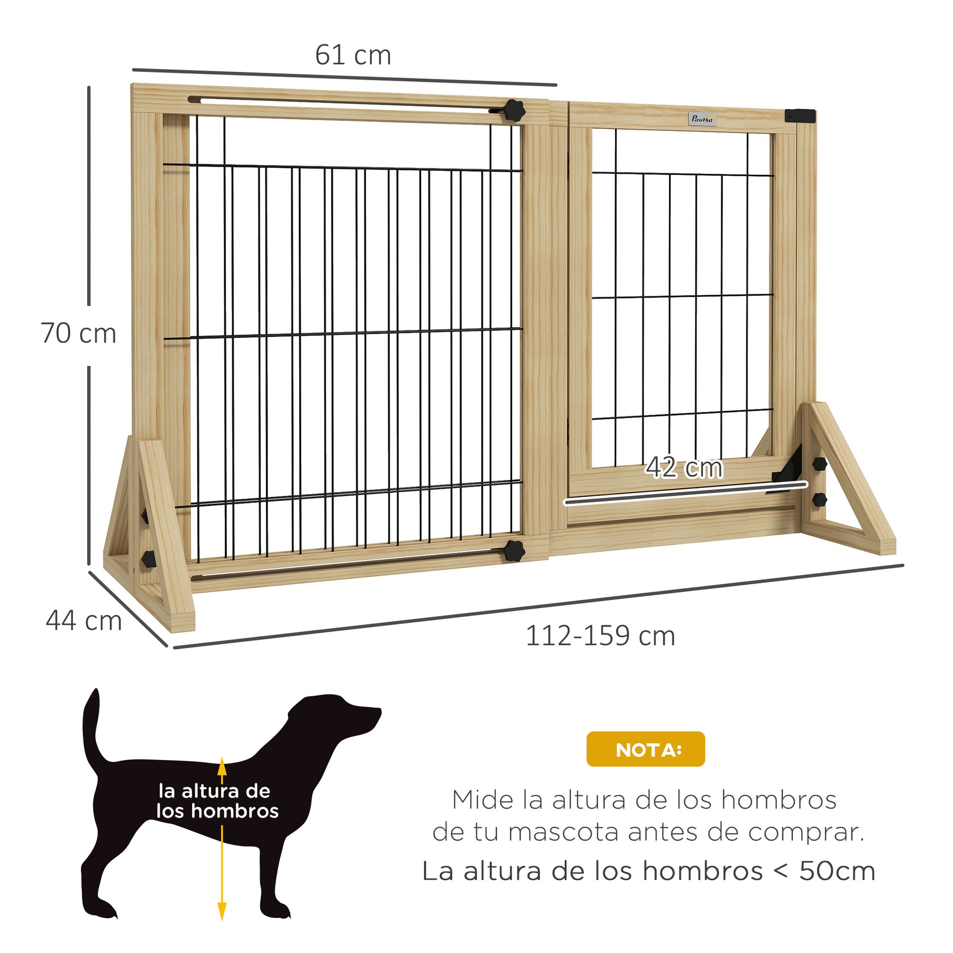 Wooden Dog Barrier 112-159x70 cm Extendable Pet Gate with Triangular Support Legs for Doorway Hallway Staircase Natural Wood