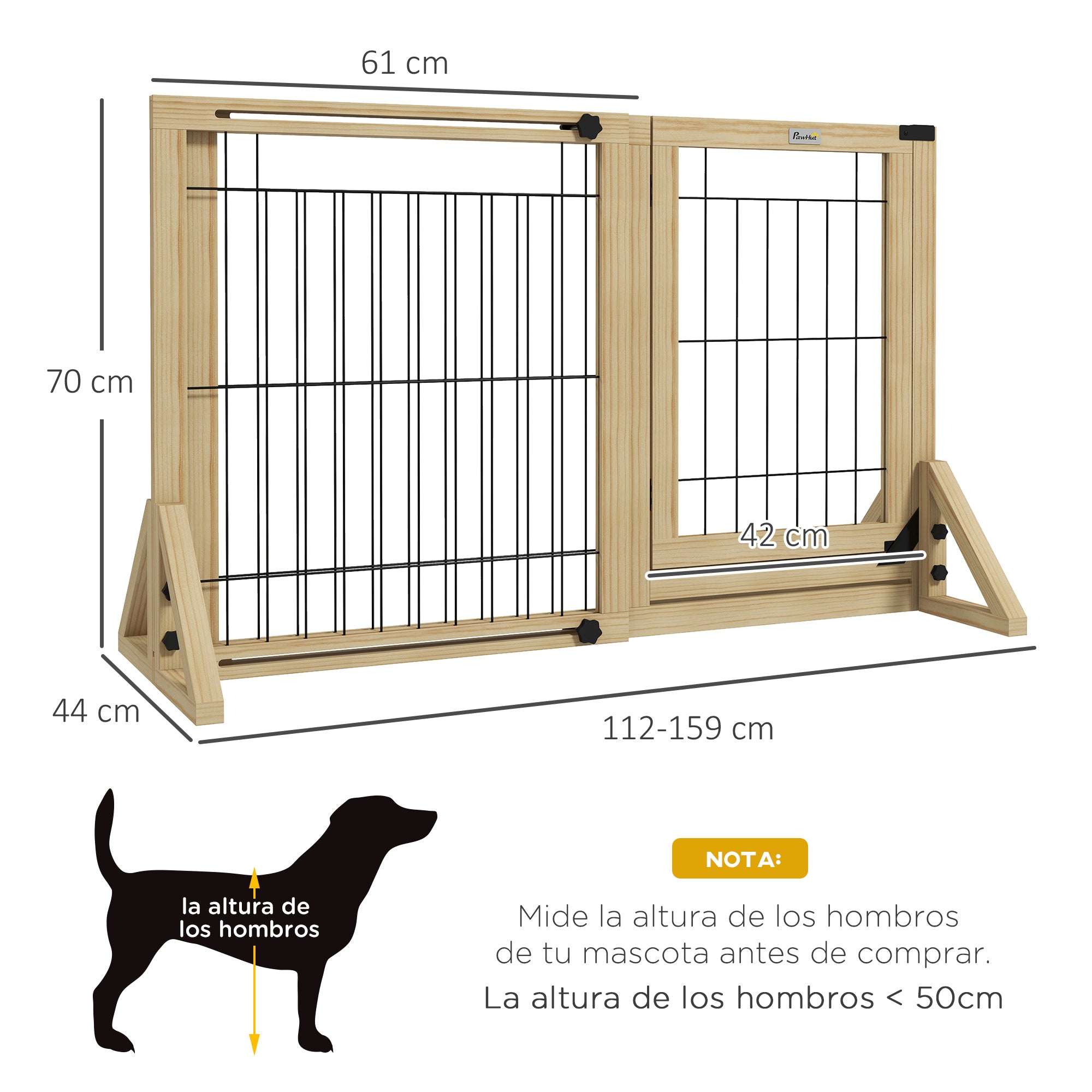 Wooden Dog Barrier 112-159x70 cm Extendable Pet Gate with Triangular Support Legs for Doorway Hallway Staircase Natural Wood