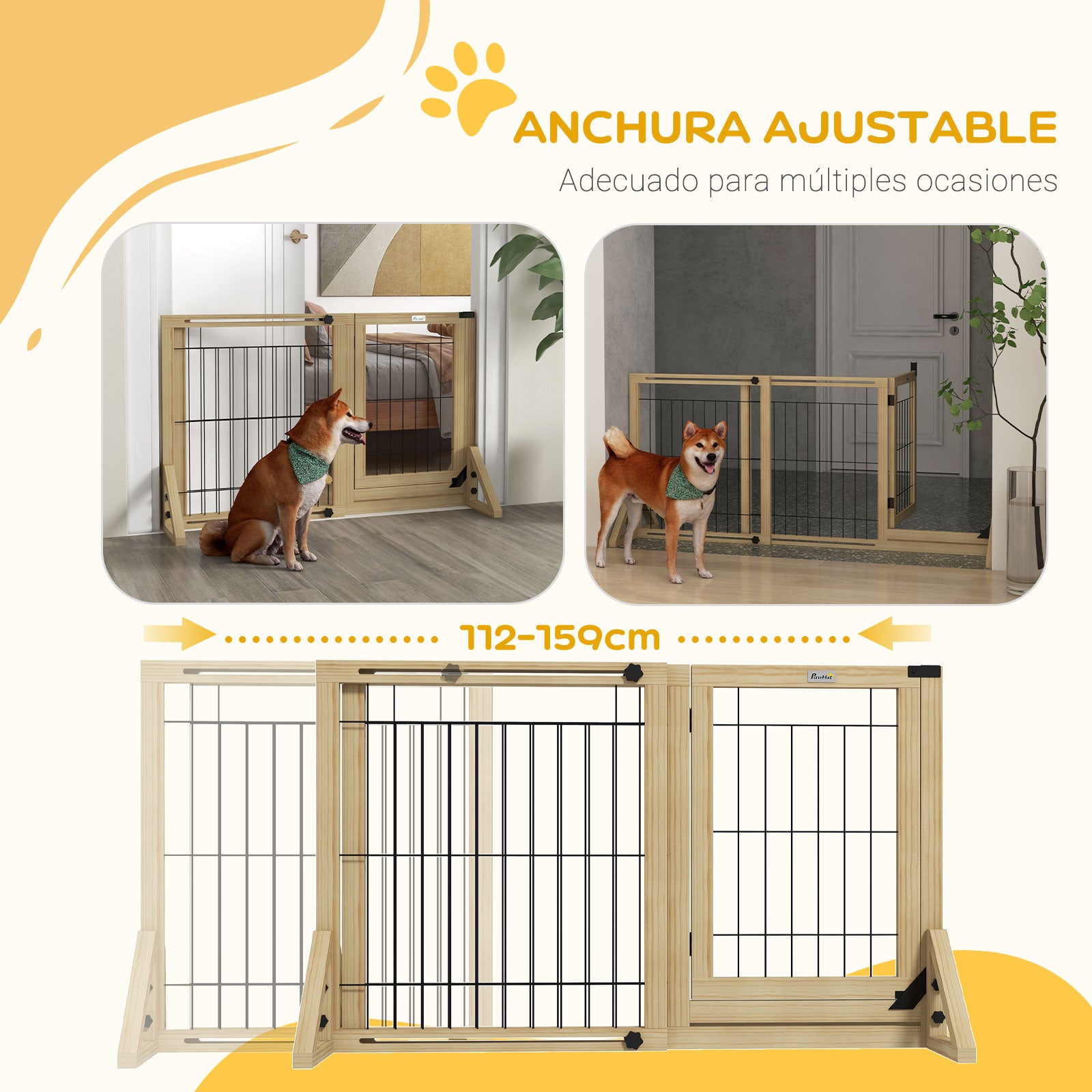 Wooden Dog Barrier 112-159x70 cm Extendable Pet Gate with Triangular Support Legs for Doorway Hallway Staircase Natural Wood