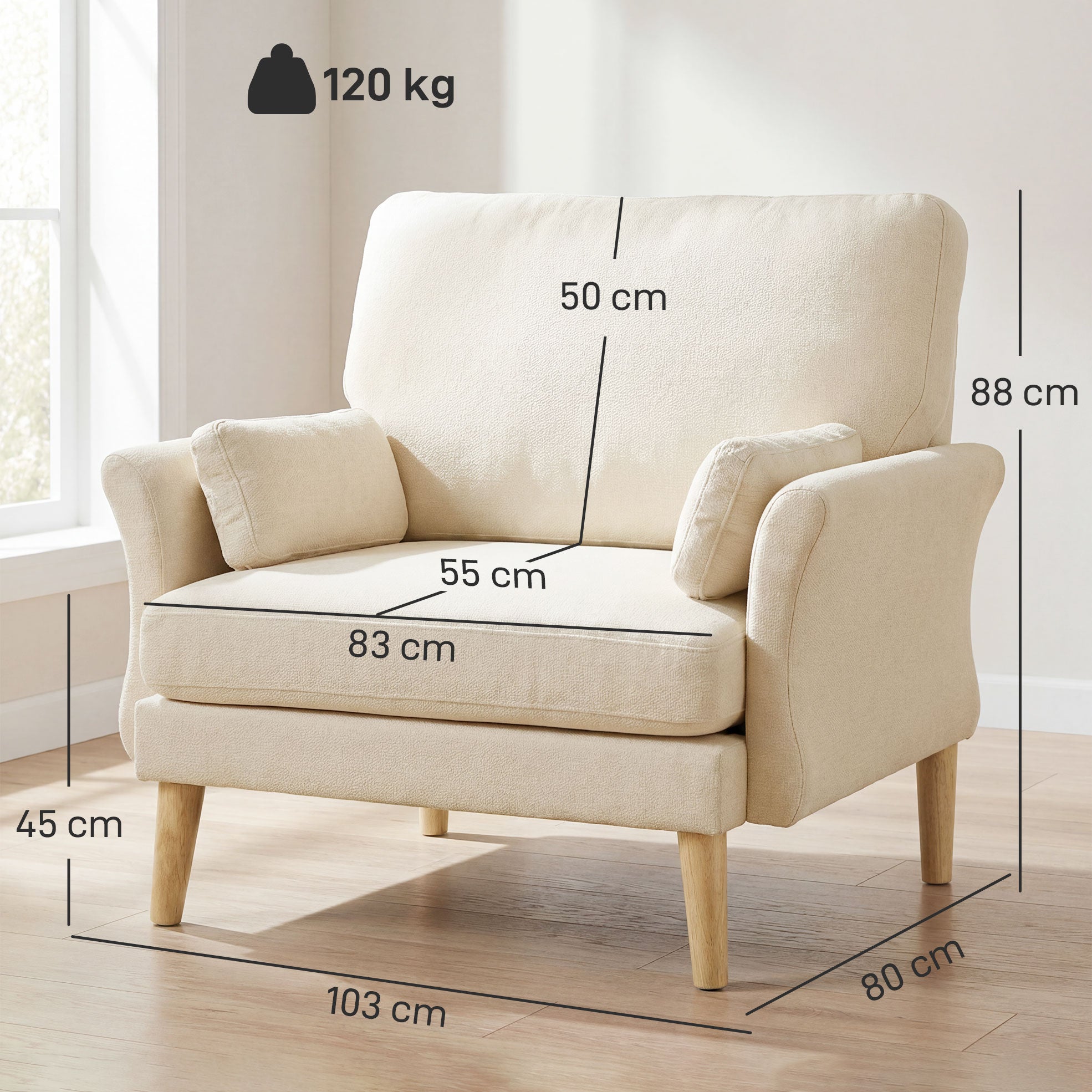 Modern Armchair with Armrests, 32.7" Wide Velvet-Look Seat, Padded Accent Chair with Cushion & Wood Legs, Cream