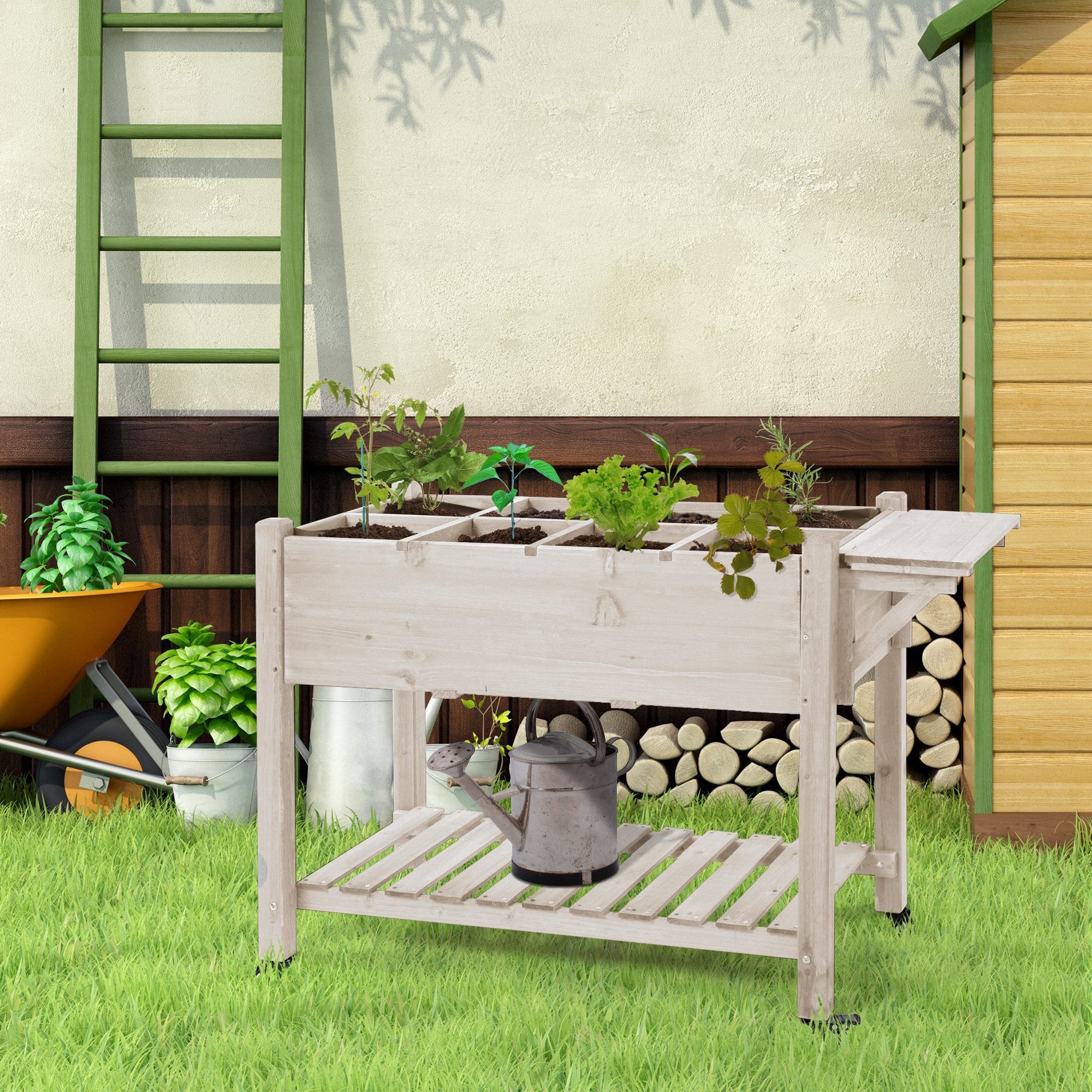 Raised Garden Planter on Wheels - Shelf, Foldable Side Shelf, Irrigation Inserts, Drainage Felt Included - Pre-oiled Spruce Wood dim. 123L x 54W x 87H cm