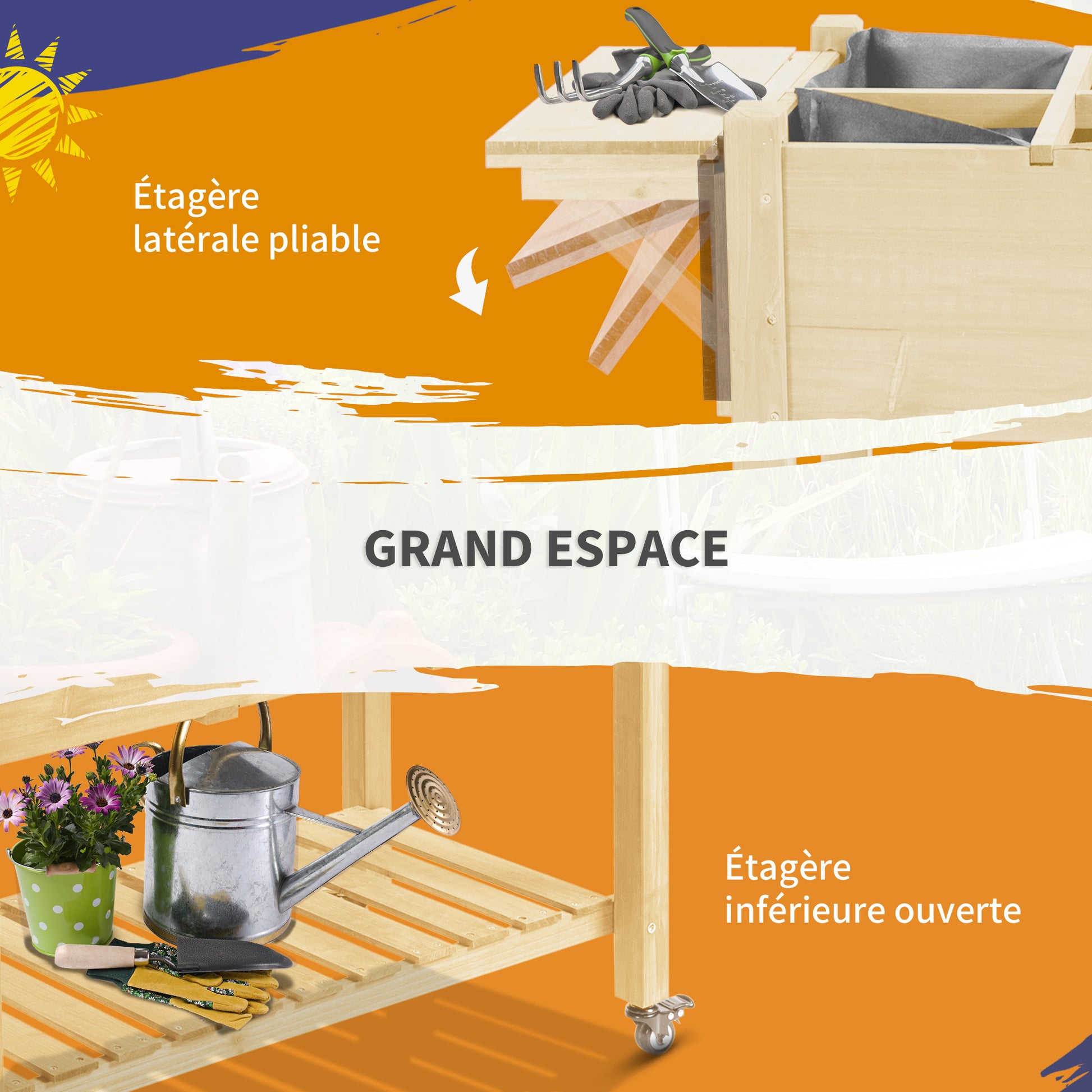 Raised Garden Planter on Wheels - Shelf, Foldable Side Shelf, Irrigation Inserts, Drainage Felt Included - Pre-oiled Spruce Wood dim. 123L x 54W x 87H cm