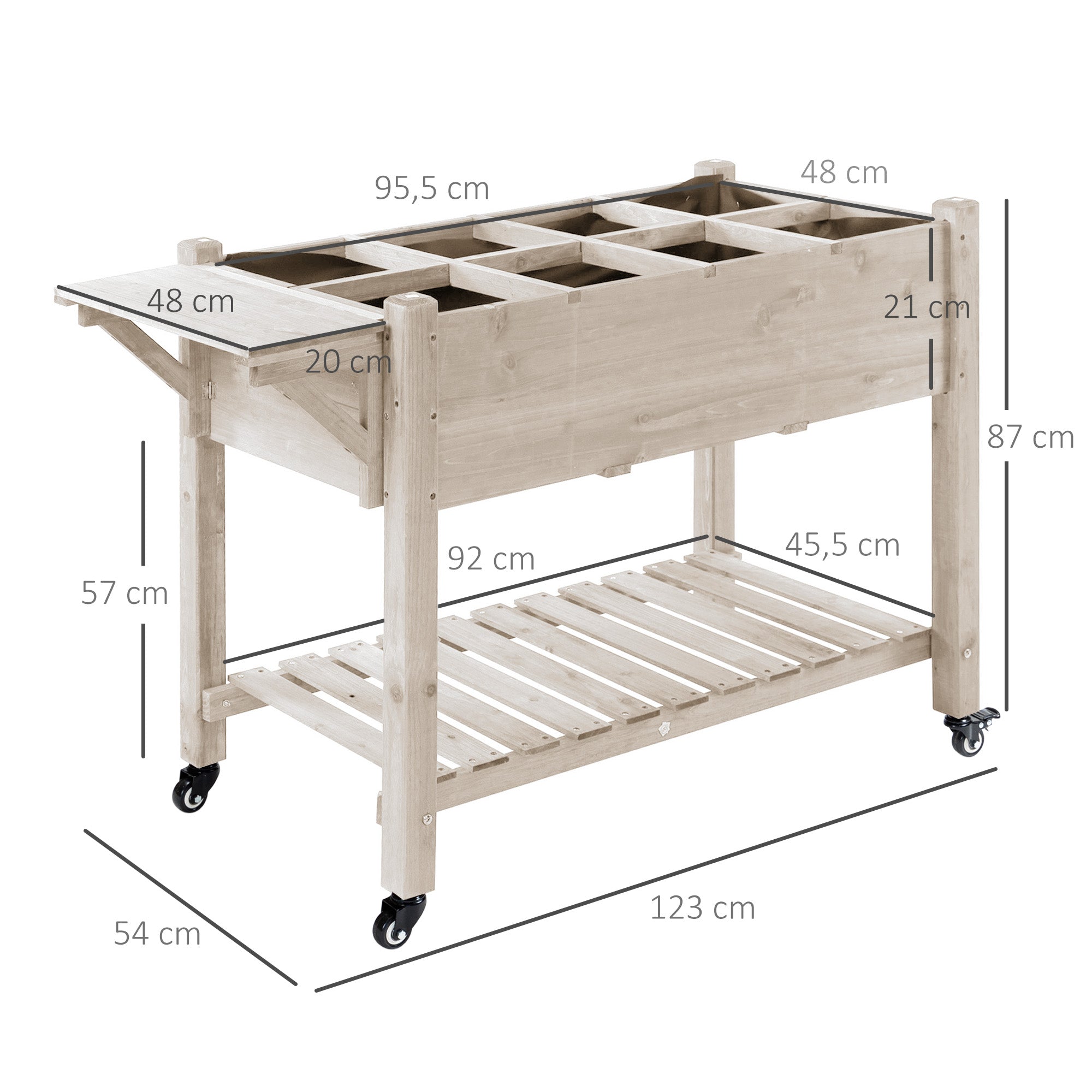 Raised Garden Planter on Wheels - Shelf, Foldable Side Shelf, Irrigation Inserts, Drainage Felt Included - Pre-oiled Spruce Wood dim. 123L x 54W x 87H cm