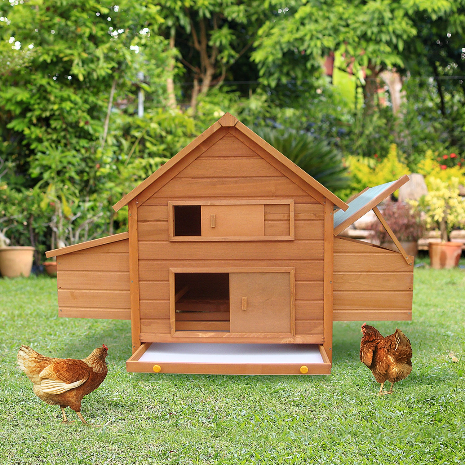 Wood Chicken Coop with Waterproof Roof, Prefabricated Outdoor Henhouse, 160x98.5x107cm