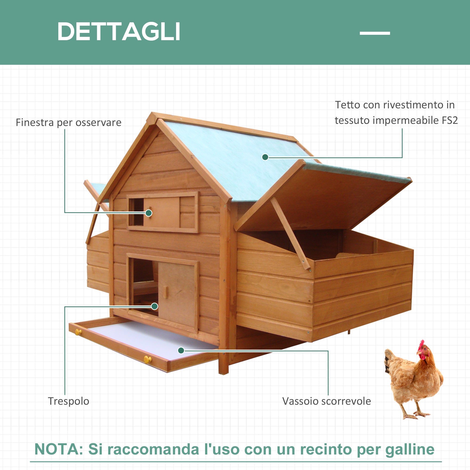 Wood Chicken Coop with Waterproof Roof, Prefabricated Outdoor Henhouse, 160x98.5x107cm