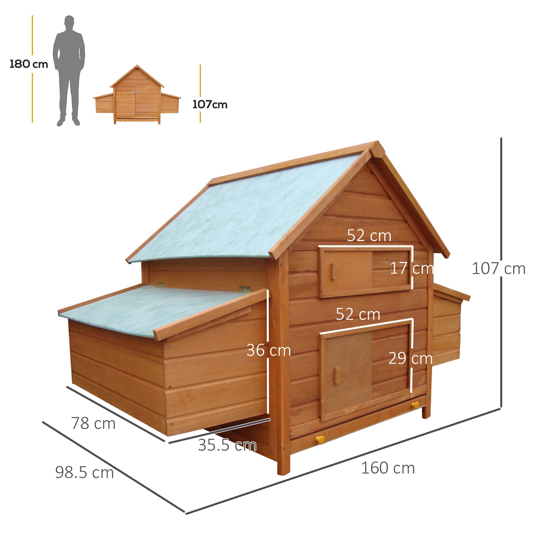 Wood Chicken Coop with Waterproof Roof, Prefabricated Outdoor Henhouse, 160x98.5x107cm