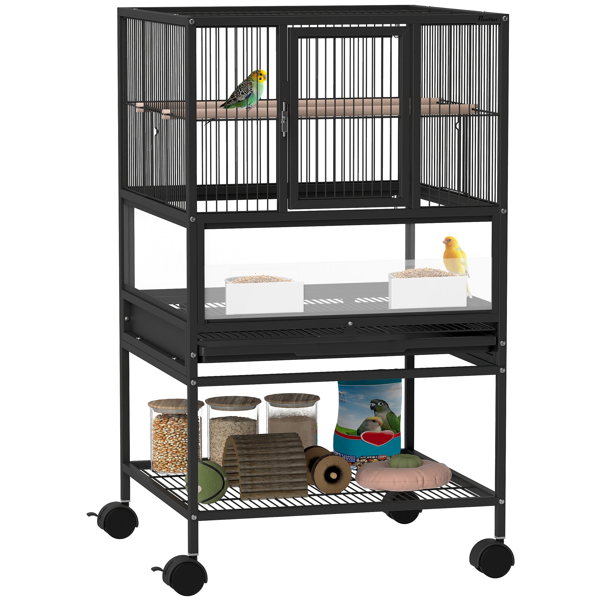 Bird Cage Large Bird Cage with Wheels Acrylic Panels Feeders Perches Shelf Removable Trays Birdcage for Parrots Canaries 48x46x83 cm Black