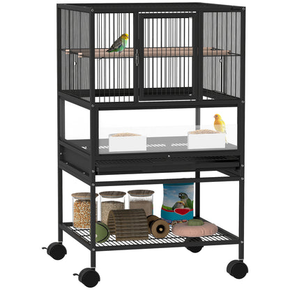 Bird Cage Large Bird Cage with Wheels Acrylic Panels Feeders Perches Shelf Removable Trays Birdcage for Parrots Canaries 48x46x83 cm Black