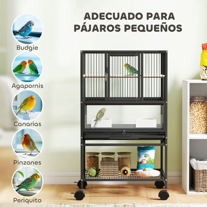 Bird Cage Large Bird Cage with Wheels Acrylic Panels Feeders Perches Shelf Removable Trays Birdcage for Parrots Canaries 48x46x83 cm Black