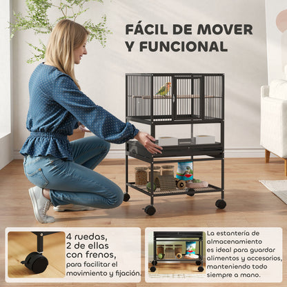 Bird Cage Large Bird Cage with Wheels Acrylic Panels Feeders Perches Shelf Removable Trays Birdcage for Parrots Canaries 48x46x83 cm Black