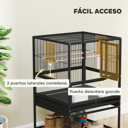 Bird Cage Large Bird Cage with Wheels Acrylic Panels Feeders Perches Shelf Removable Trays Birdcage for Parrots Canaries 48x46x83 cm Black