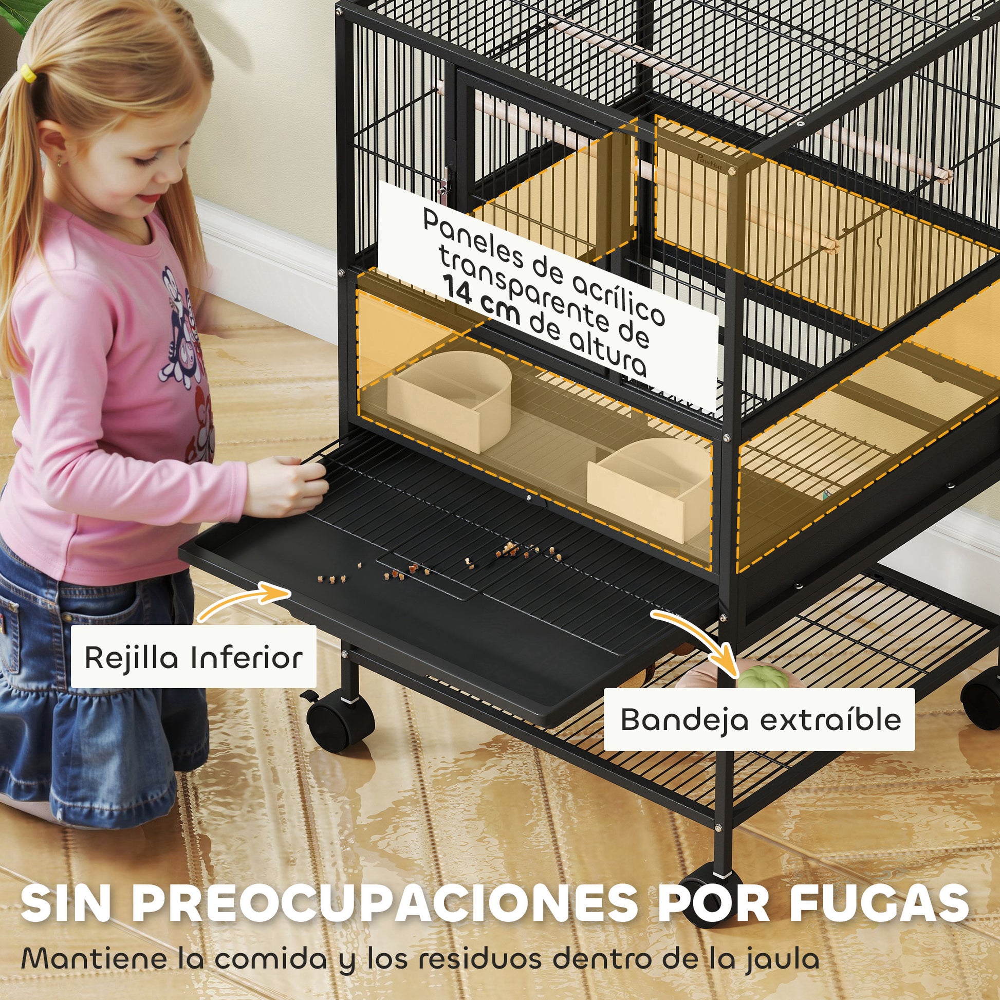 Bird Cage Large Bird Cage with Wheels Acrylic Panels Feeders Perches Shelf Removable Trays Birdcage for Parrots Canaries 48x46x83 cm Black