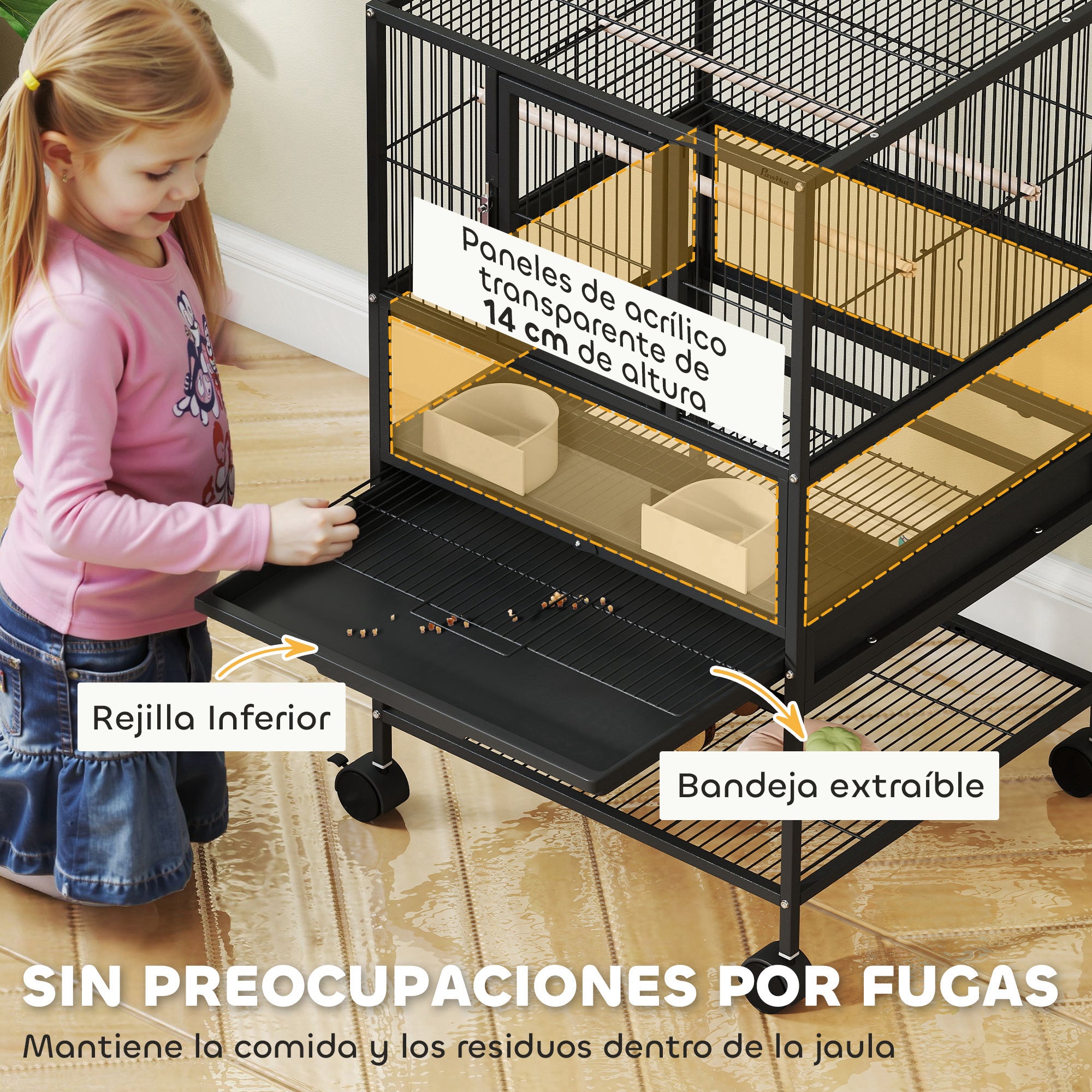 Bird Cage Large Bird Cage with Wheels Acrylic Panels Feeders Perches Shelf Removable Trays Birdcage for Parrots Canaries 48x46x83 cm Black