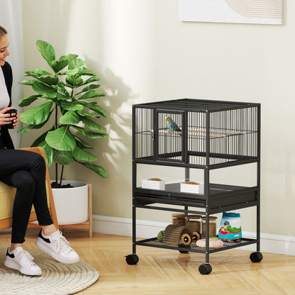 Bird Cage Large Bird Cage with Wheels Acrylic Panels Feeders Perches Shelf Removable Trays Birdcage for Parrots Canaries 48x46x83 cm Black