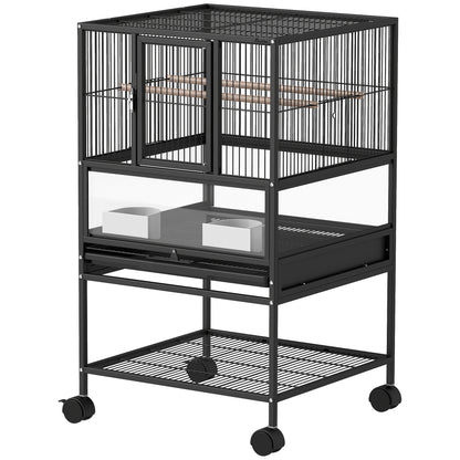 Bird Cage Large Bird Cage with Wheels Acrylic Panels Feeders Perches Shelf Removable Trays Birdcage for Parrots Canaries 48x46x83 cm Black