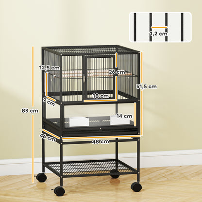 Bird Cage Large Bird Cage with Wheels Acrylic Panels Feeders Perches Shelf Removable Trays Birdcage for Parrots Canaries 48x46x83 cm Black