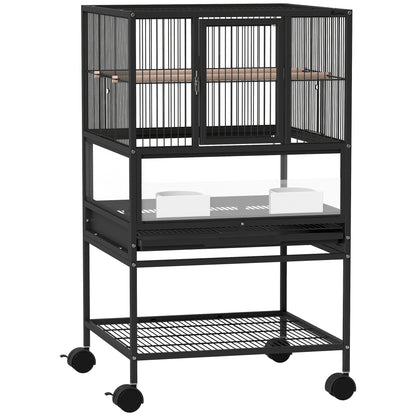 Bird Cage Large Bird Cage with Wheels Acrylic Panels Feeders Perches Shelf Removable Trays Birdcage for Parrots Canaries 48x46x83 cm Black